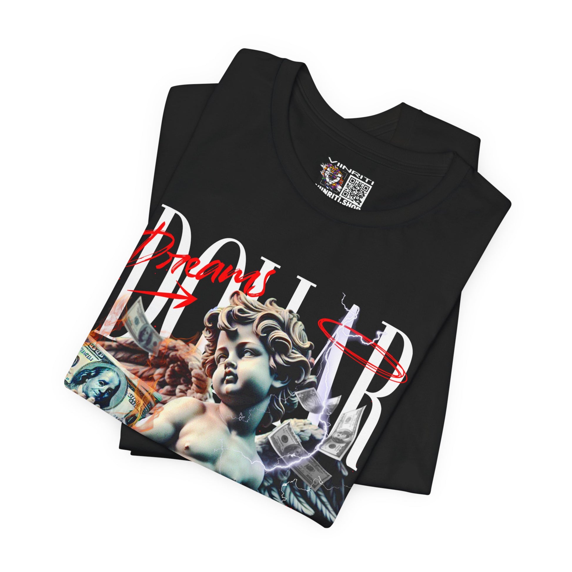 Dollar Cherub Graphic Tee — Streetwear Statue, Money Collage T-Shirt