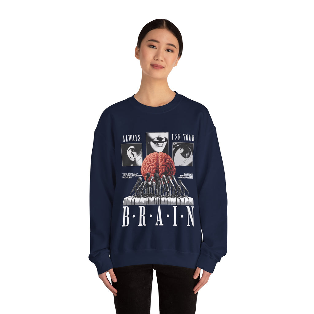 Brain Graphic Crewneck Sweatshirt — "Always Use Your Brain" Vintage Horror Vibe