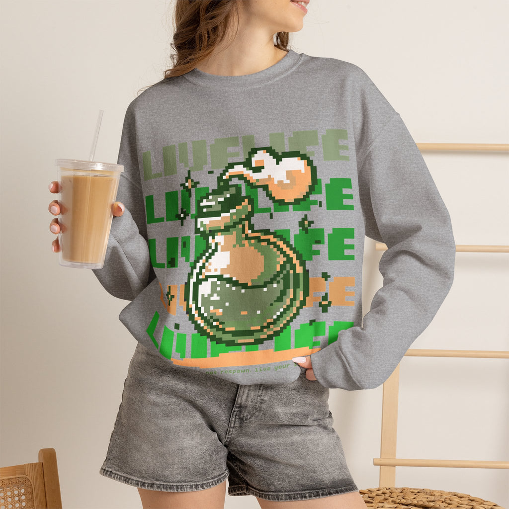 Crewneck Sweatshirt — Pixel Potion 'LIFE' Retro Gaming Graphic