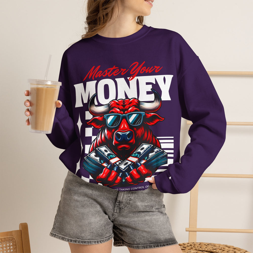 Crewneck Sweatshirt — "Master Your Money" Bull Design, Finance Hustle Graphic
