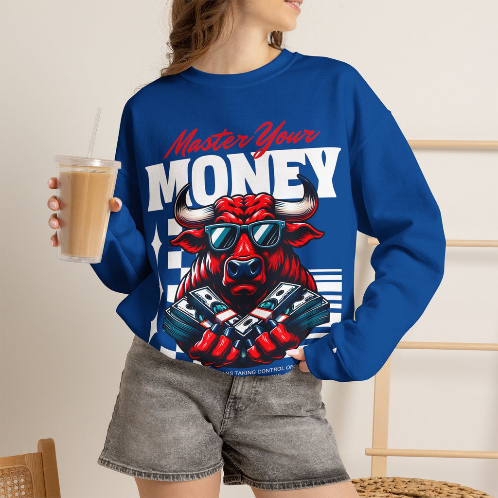 Crewneck Sweatshirt — "Master Your Money" Bull Design, Finance Hustle Graphic