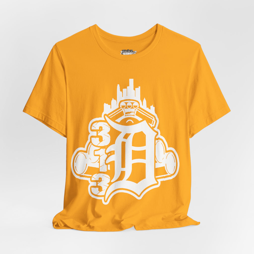 Detroit D Monochrome Tee — City Skyline & Motor Graphic T-Shirt