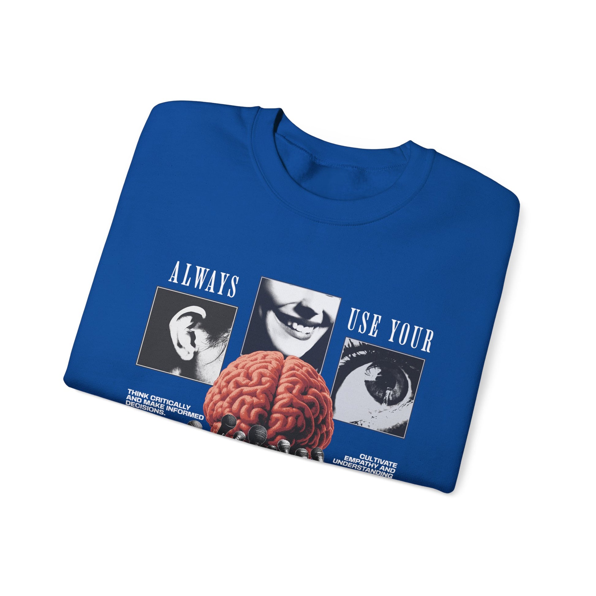 Brain Graphic Crewneck Sweatshirt — "Always Use Your Brain" Vintage Horror Vibe