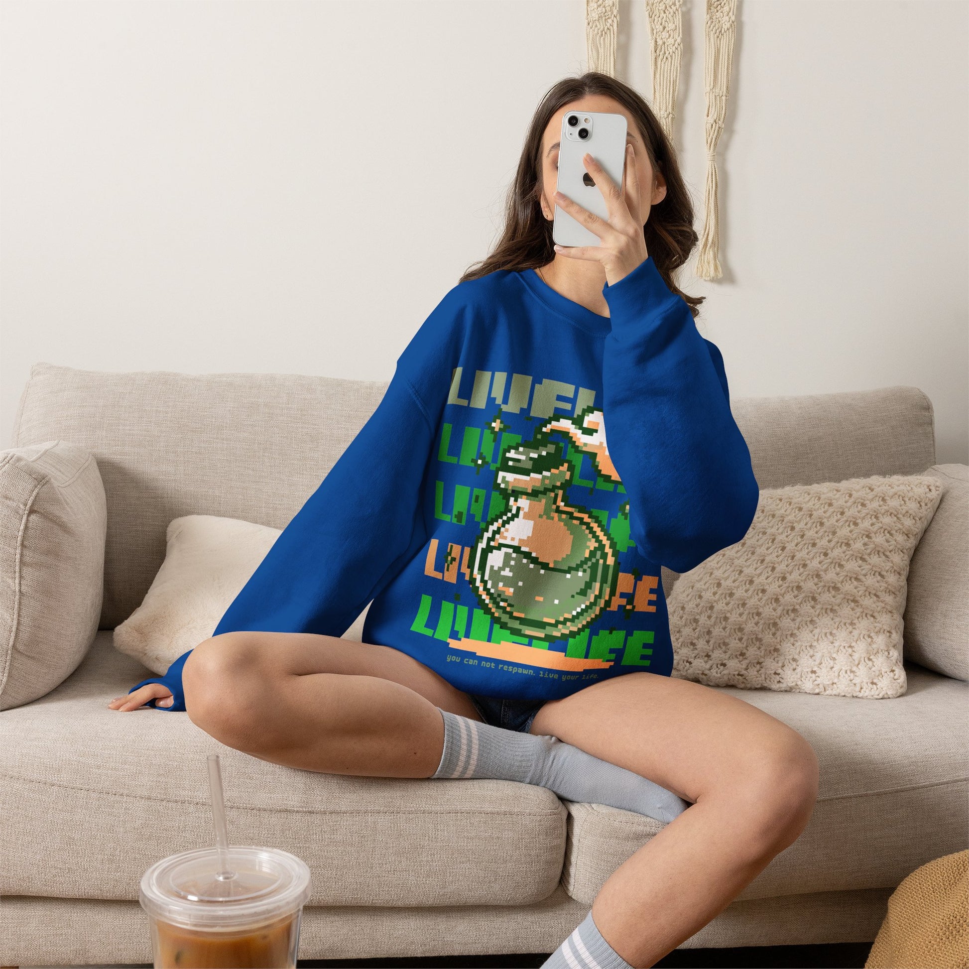 Crewneck Sweatshirt — Pixel Potion 'LIFE' Retro Gaming Graphic