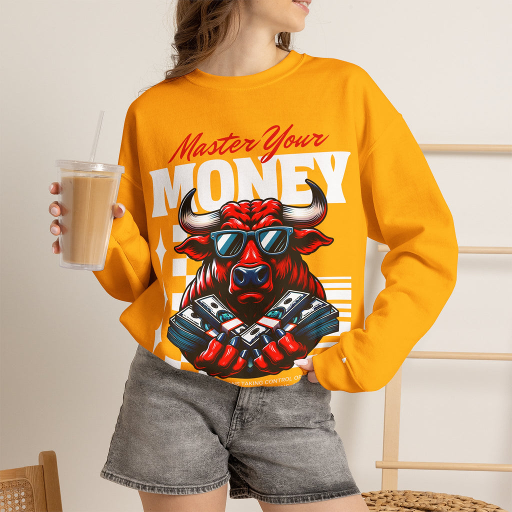 Crewneck Sweatshirt — "Master Your Money" Bull Design, Finance Hustle Graphic