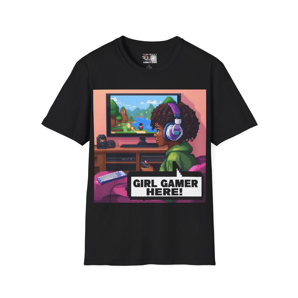 Girl Gamer T-Shirt — Retro Pixel Art ‘GIRL GAMER HERE!’ Tee for Female Gamers