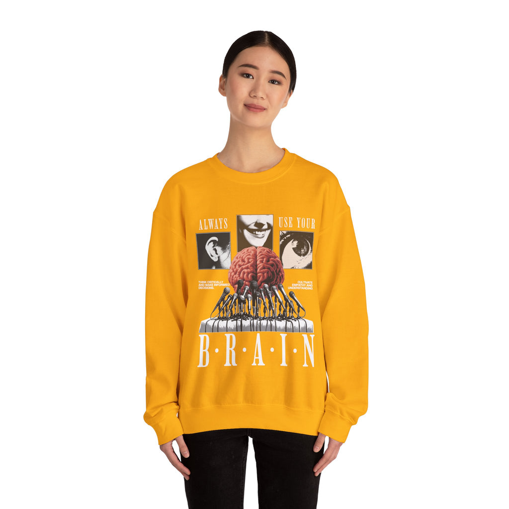 Brain Graphic Crewneck Sweatshirt — "Always Use Your Brain" Vintage Horror Vibe