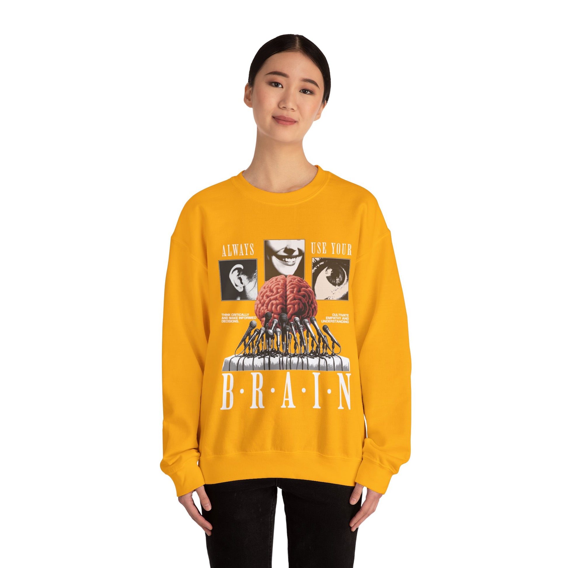 Brain Graphic Crewneck Sweatshirt — "Always Use Your Brain" Vintage Horror Vibe