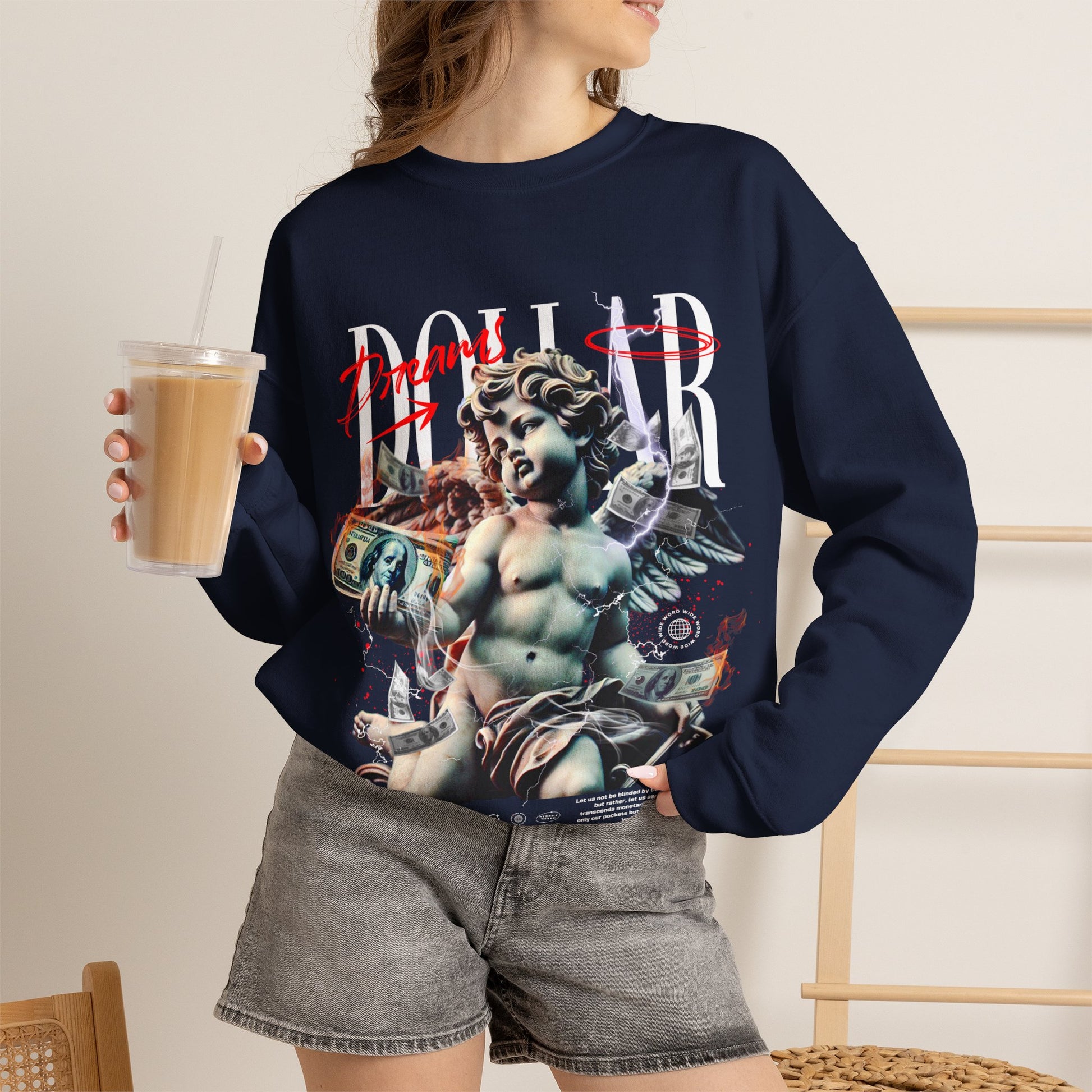 Crewneck Sweatshirt — 'Dollar' Statue Collage Graphic