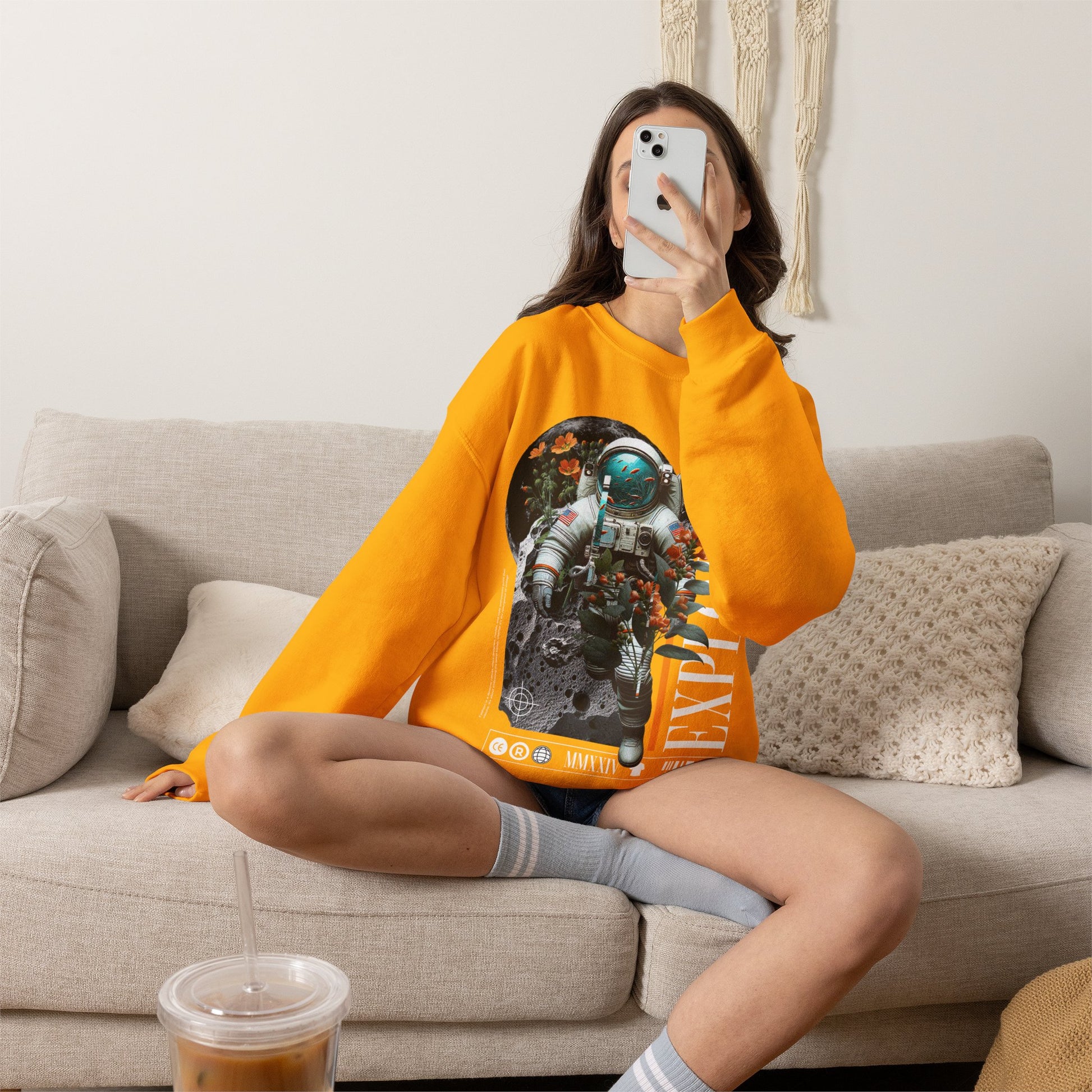 Astronaut Floral Crewneck Sweatshirt — Space Explorer Graphic Pullover