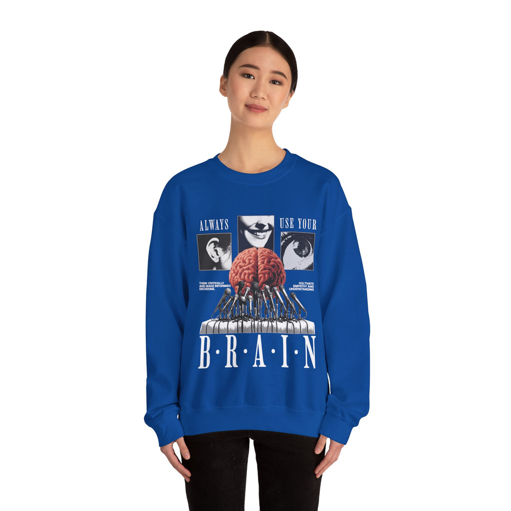 Brain Graphic Crewneck Sweatshirt — "Always Use Your Brain" Vintage Horror Vibe