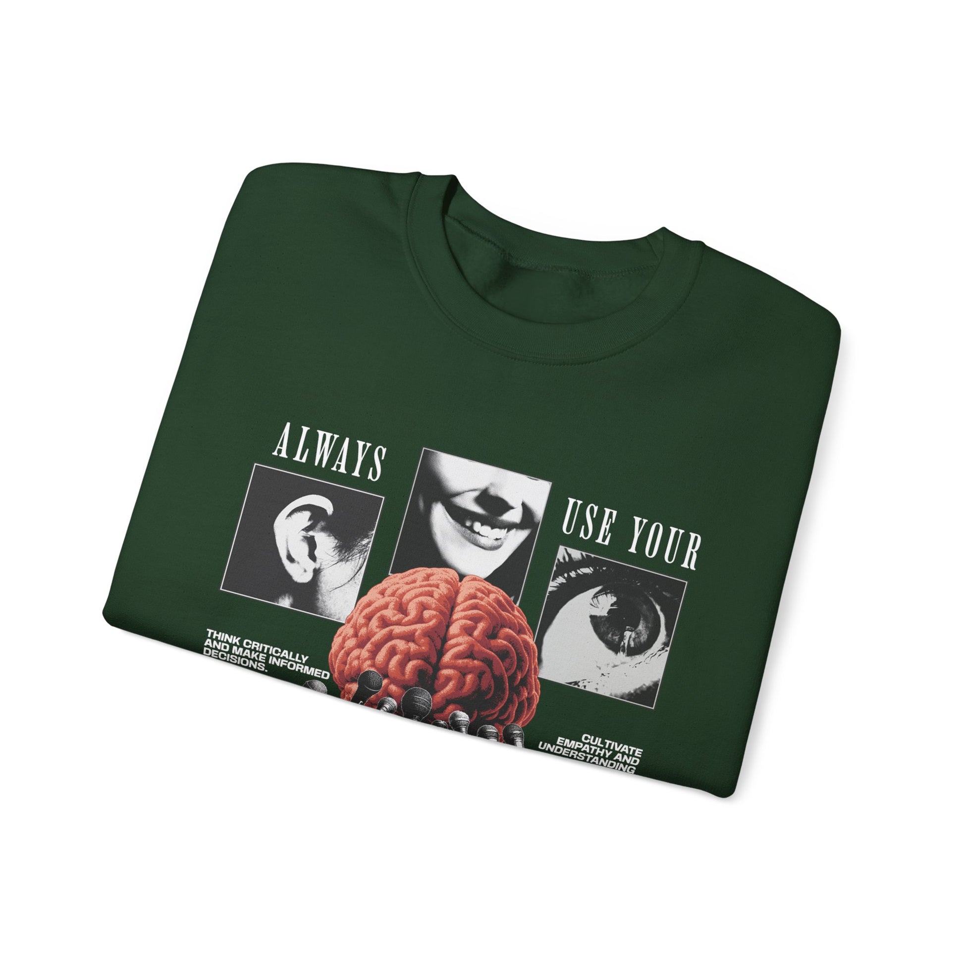 Brain Graphic Crewneck Sweatshirt — "Always Use Your Brain" Vintage Horror Vibe
