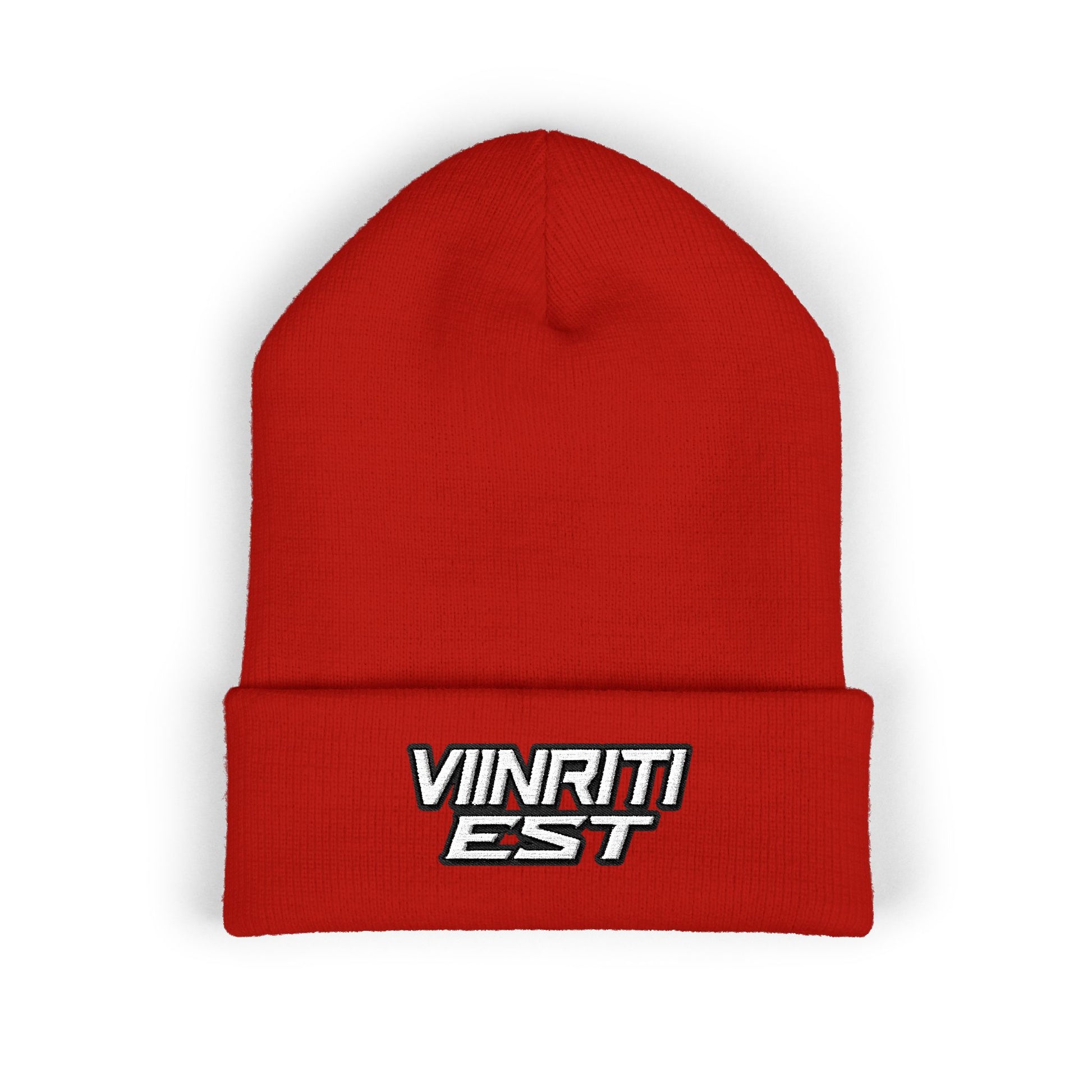 Embroidered 'Viinriti Est' Cuffed Beanie — Classic Knit Winter Hat