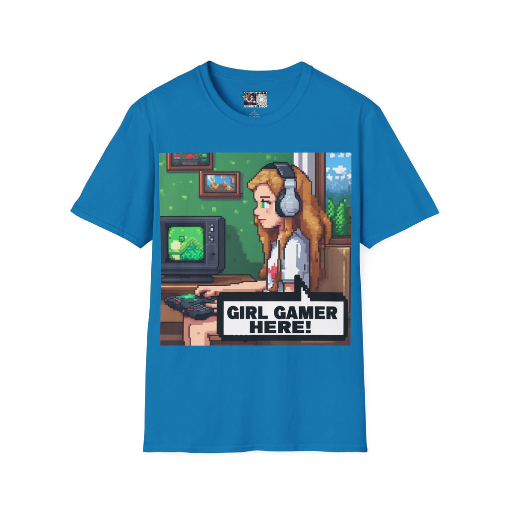 Girl Gamer Here Pixel Art T-Shirt — Retro Gaming Tee for Female Gamers