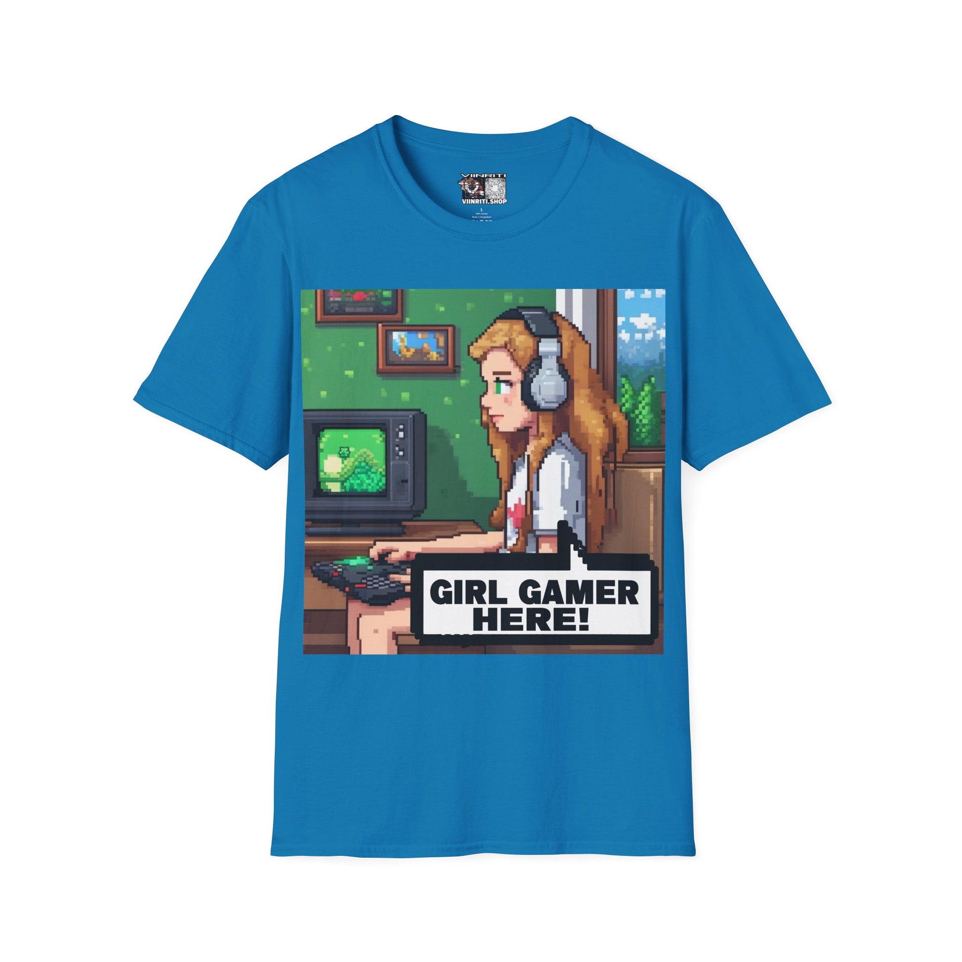 Girl Gamer Here Pixel Art T-Shirt — Retro Gaming Tee for Female Gamers