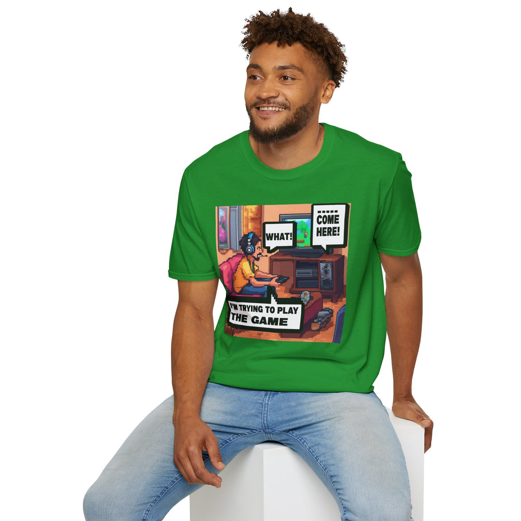 Gamer Comic T-Shirt — “I’m Trying to Play the Game” Pixel Art Tee