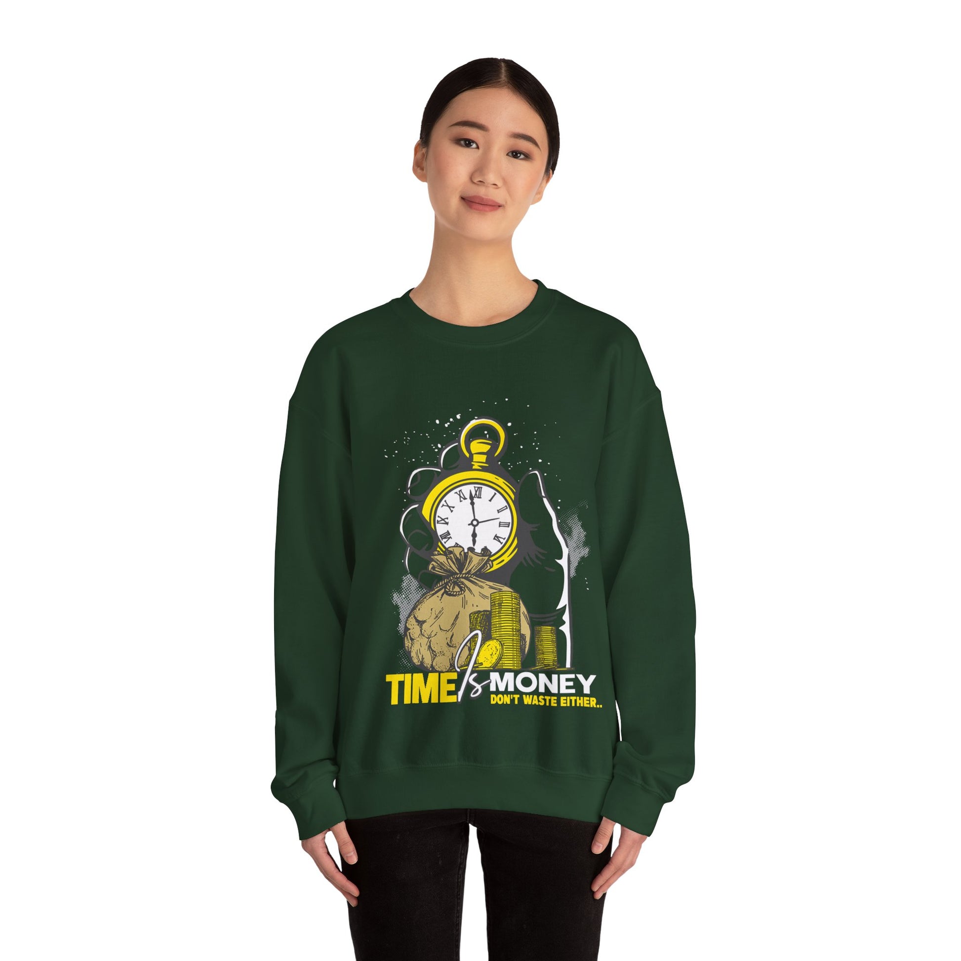 "Time Is Money" Graphic Pocket Watch & Coins Crewneck Sweatshirt -