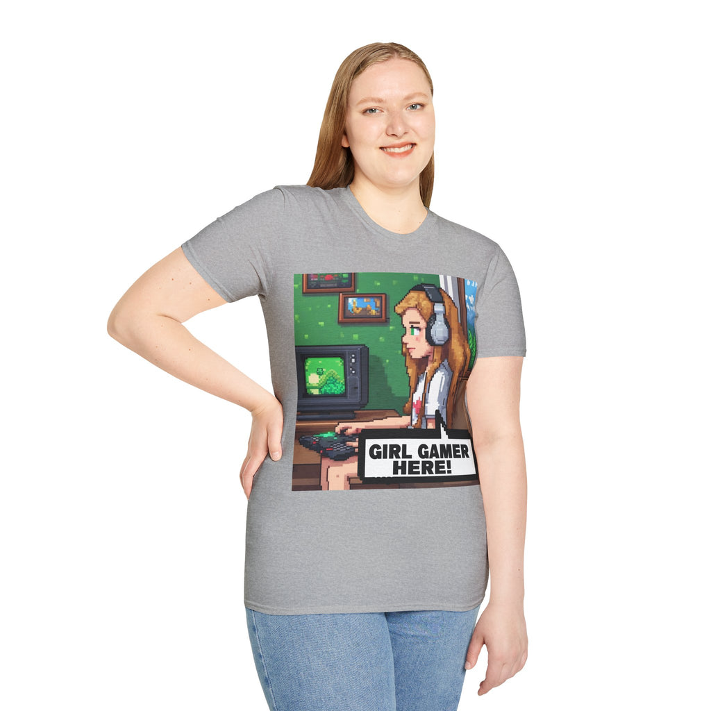 Girl Gamer Here Pixel Art T-Shirt — Retro Gaming Tee for Female Gamers