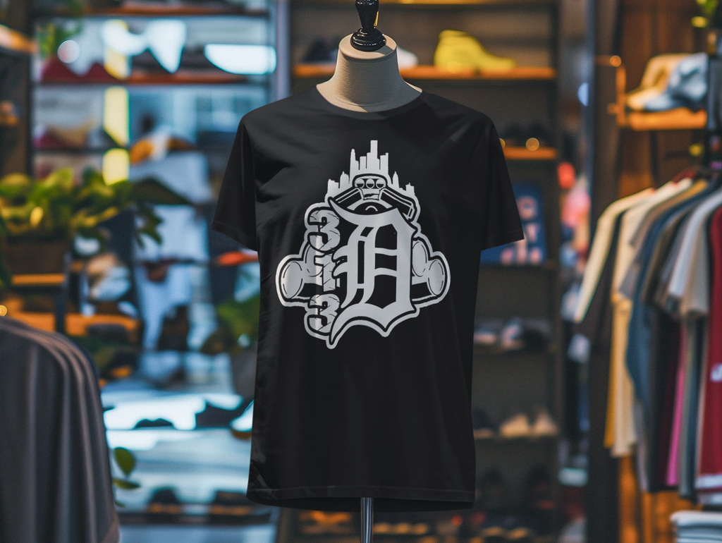 Detroit D Monochrome Tee — City Skyline & Motor Graphic T-Shirt