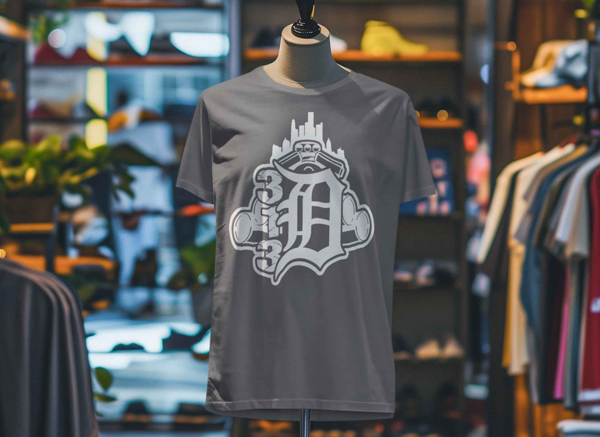 Detroit D Monochrome Tee — City Skyline & Motor Graphic T-Shirt