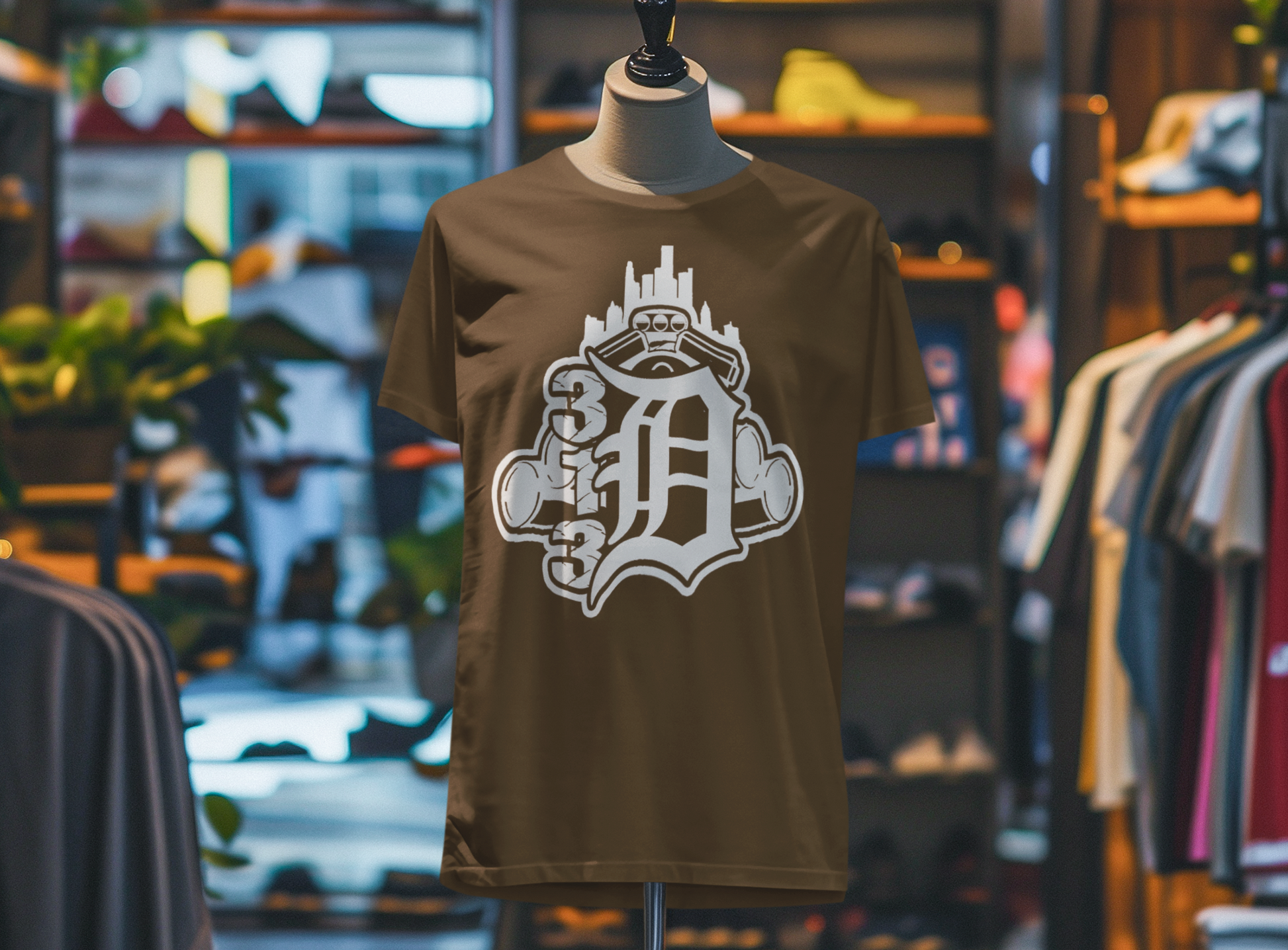 Detroit D Monochrome Tee — City Skyline & Motor Graphic T-Shirt