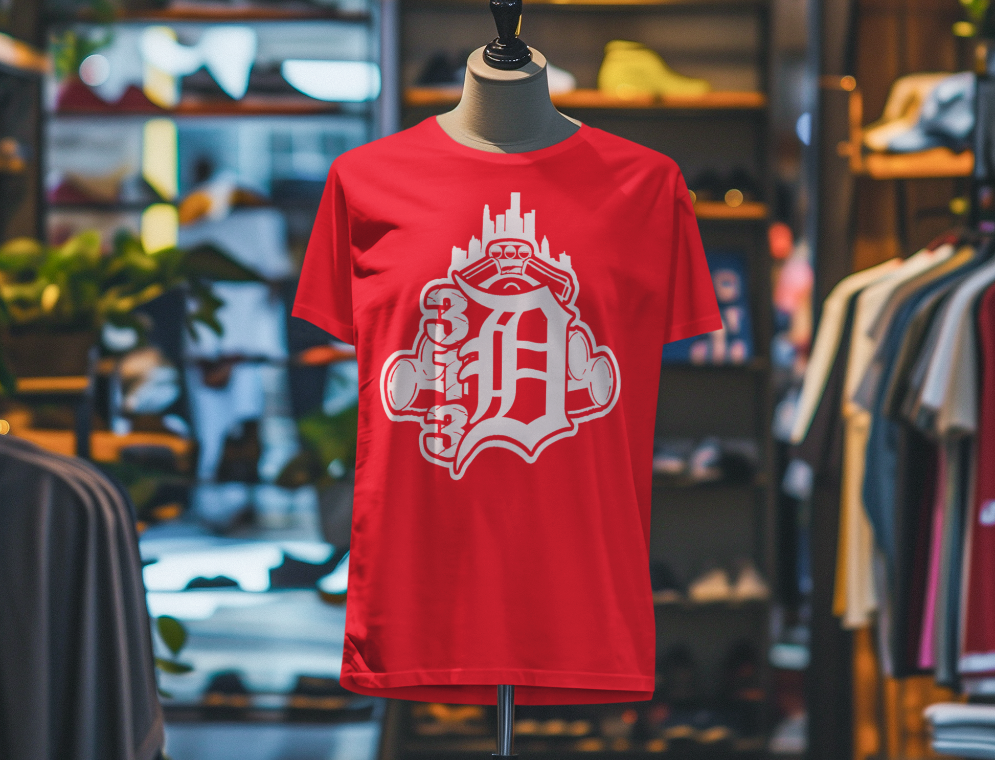 Detroit D Monochrome Tee — City Skyline & Motor Graphic T-Shirt