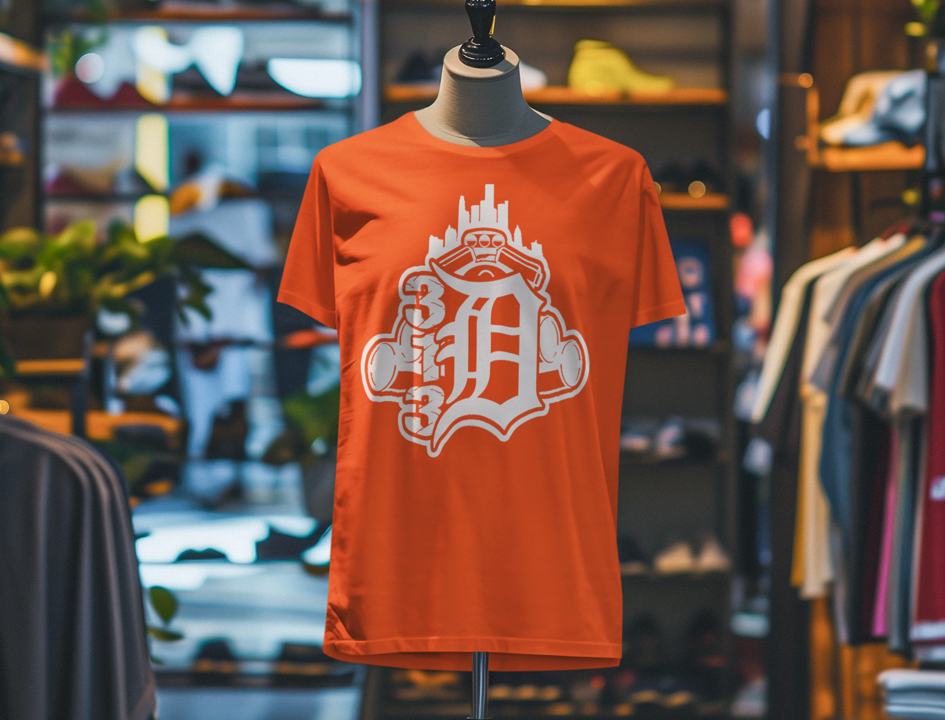 Detroit D Monochrome Tee — City Skyline & Motor Graphic T-Shirt