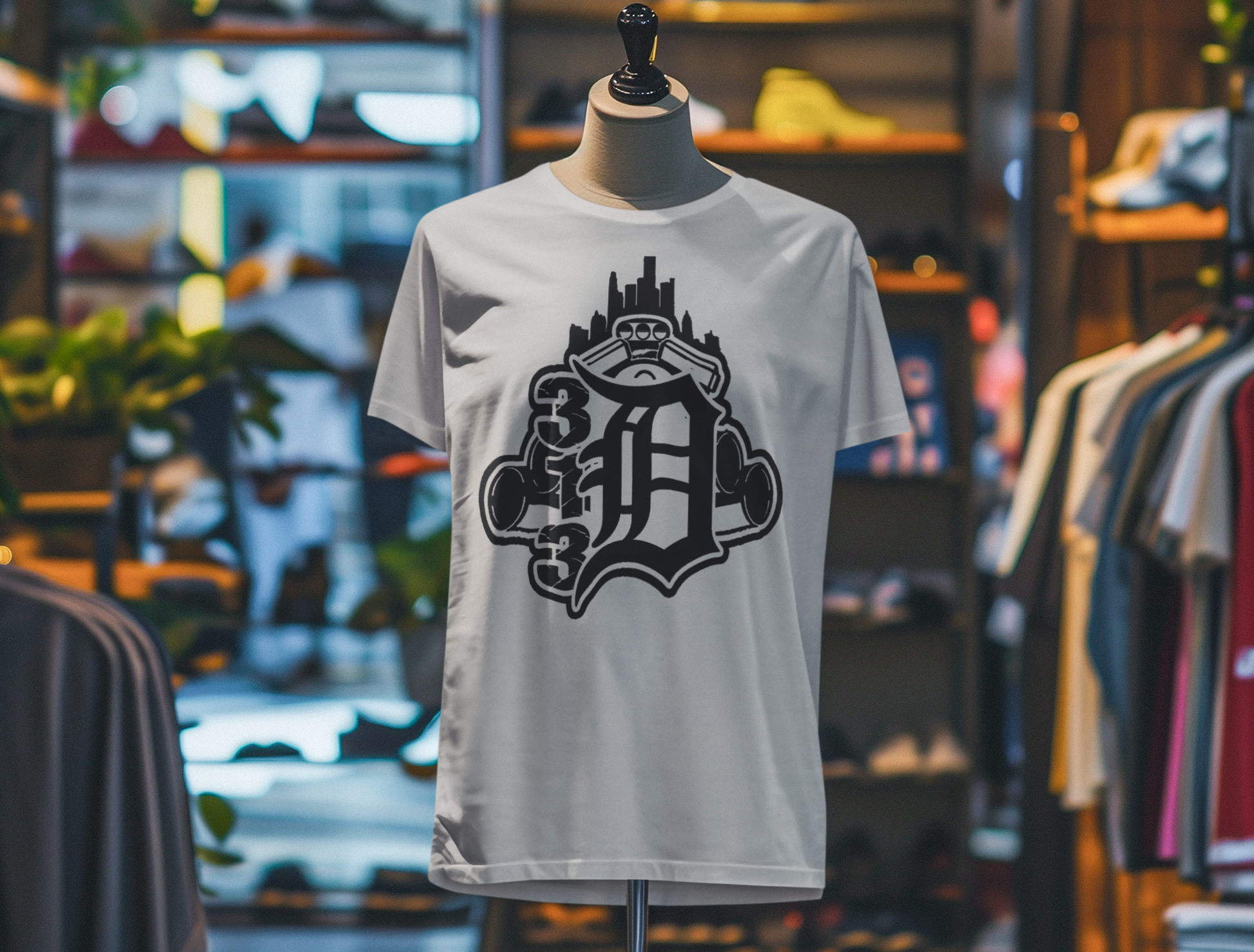 Detroit D Monochrome Tee — City Skyline & Motor Graphic T-Shirt