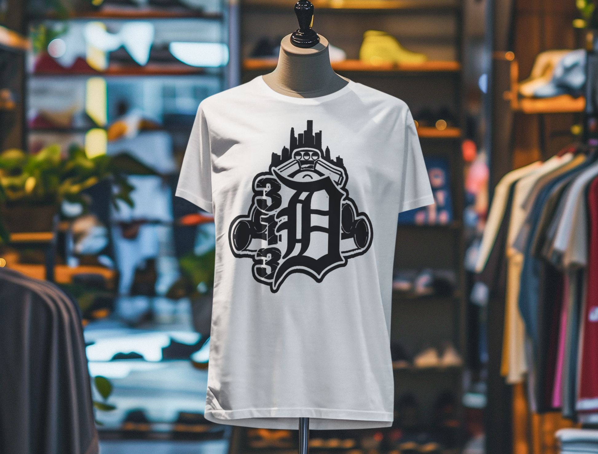Detroit D Monochrome Tee — City Skyline & Motor Graphic T-Shirt