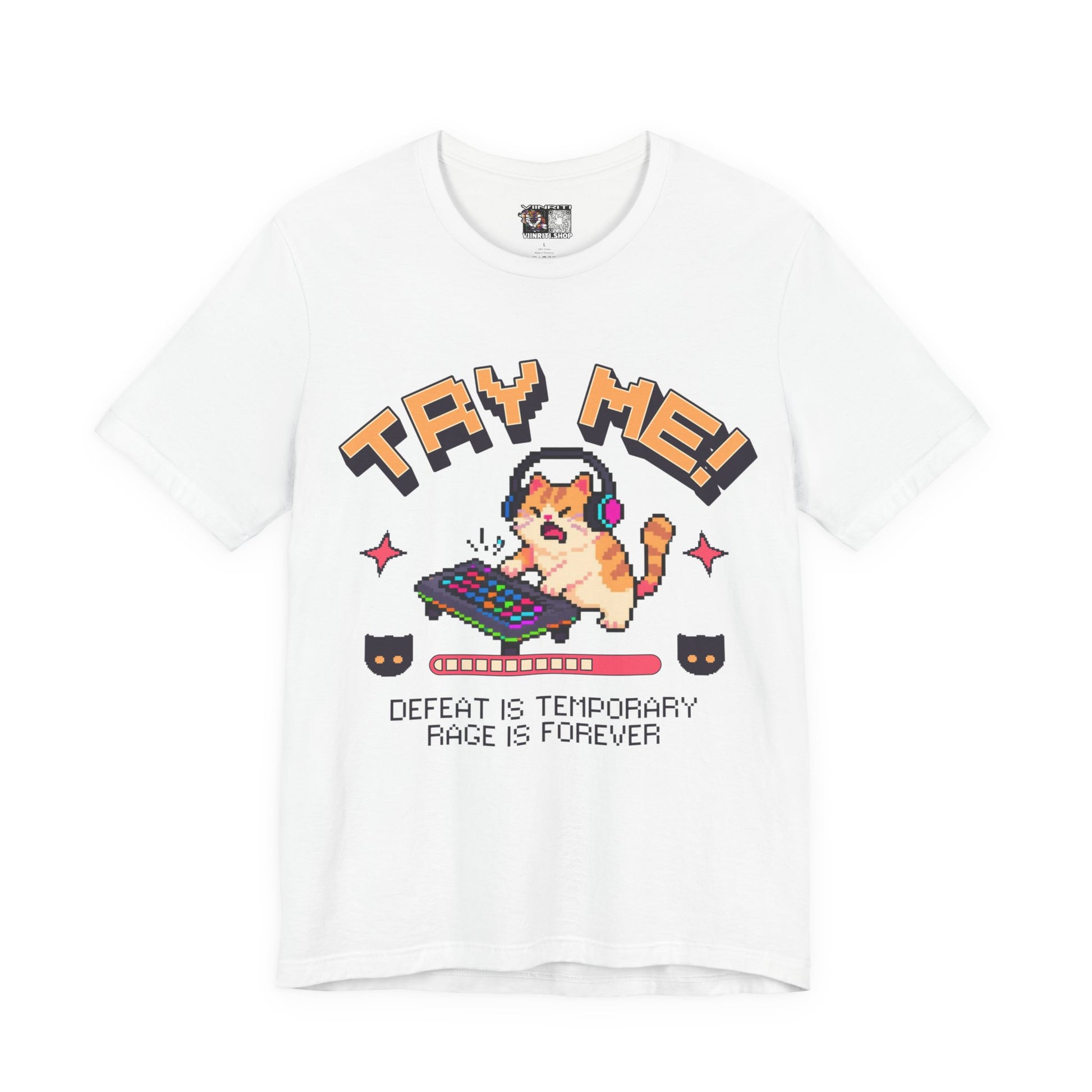 Try Me! Gamer Cat T‑Shirt — "Defeat Is Temporary, Rage Is Forever" Retro Pixel Tee