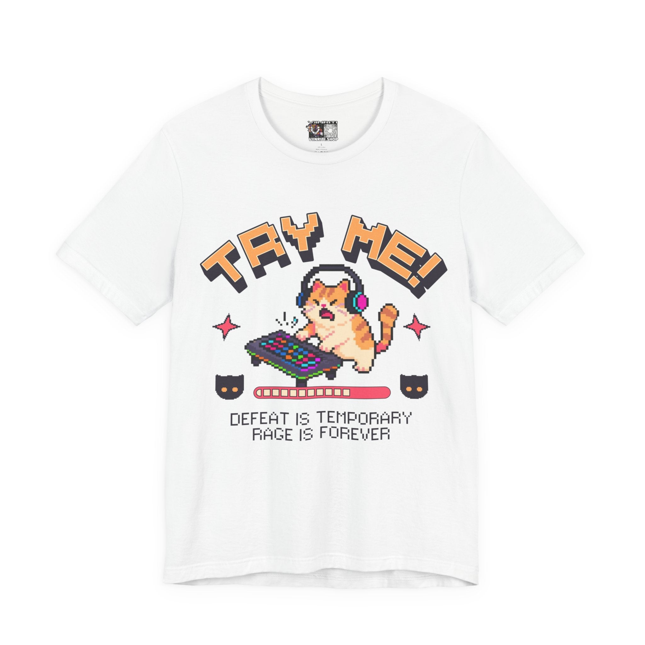 Try Me! Gamer Cat T‑Shirt — "Defeat Is Temporary, Rage Is Forever" Retro Pixel Tee