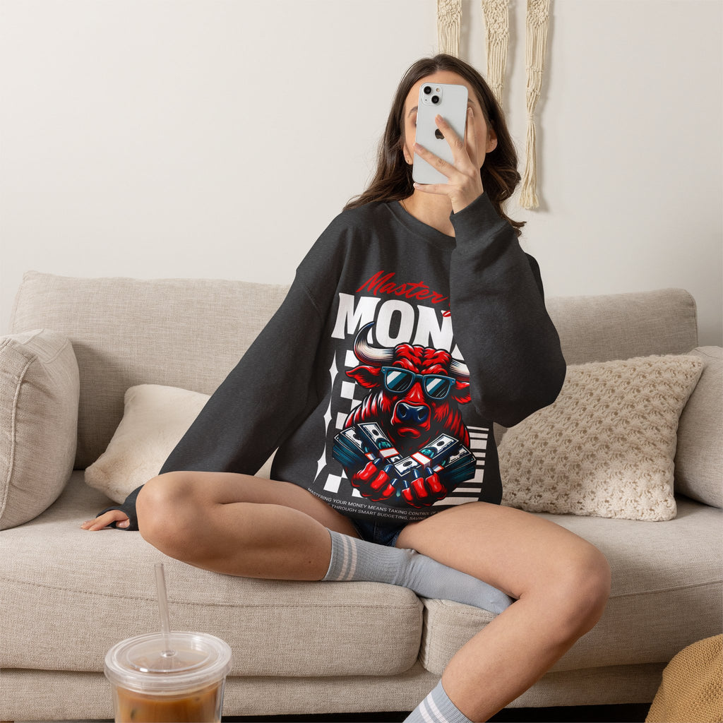 Crewneck Sweatshirt — "Master Your Money" Bull Design, Finance Hustle Graphic