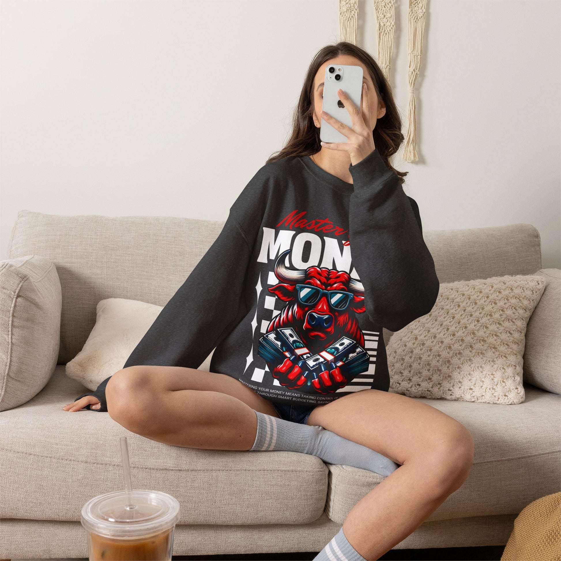 Crewneck Sweatshirt — "Master Your Money" Bull Design, Finance Hustle Graphic