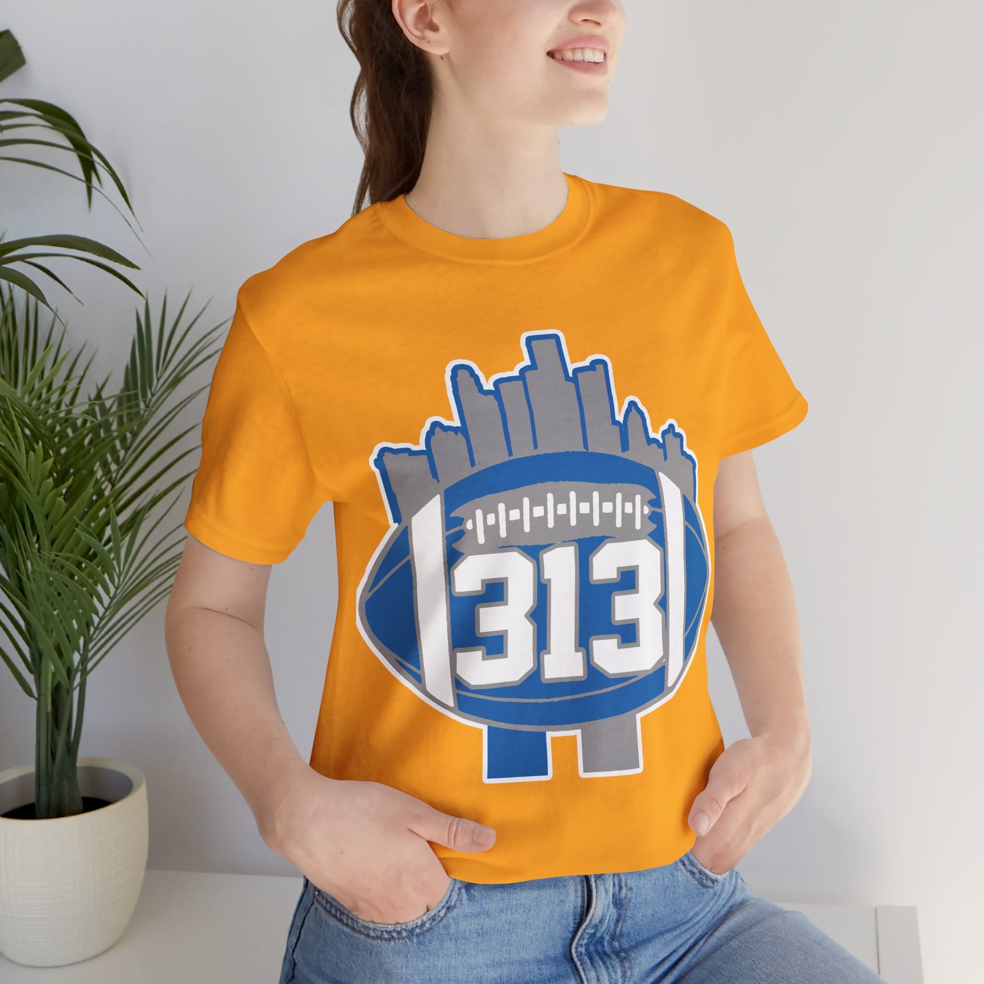 Detroit 313 Football T-Shirt — City Skyline & Number 313 Logo