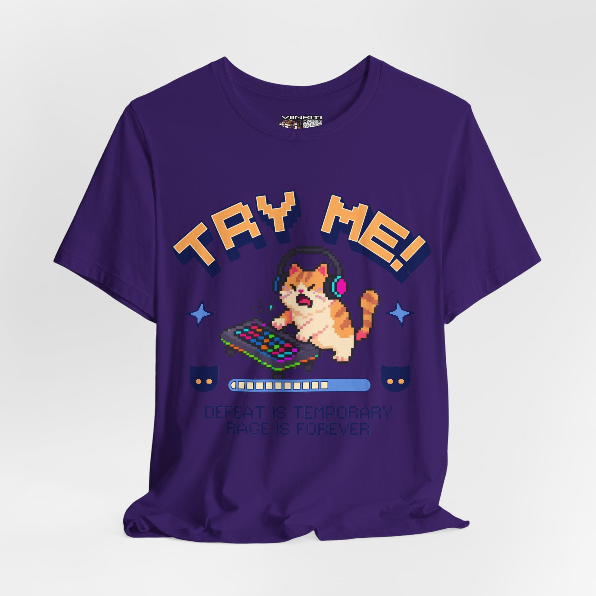 Try Me! Gamer Cat T‑Shirt — "Defeat Is Temporary, Rage Is Forever" Retro Pixel Tee