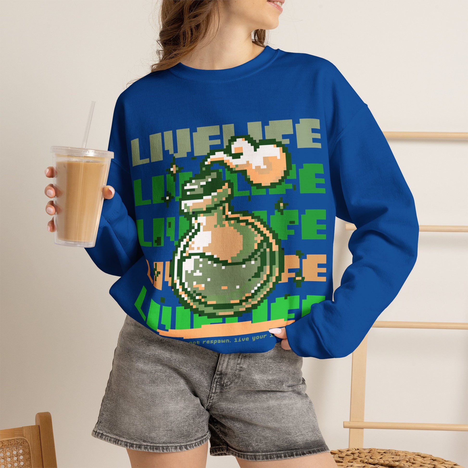Crewneck Sweatshirt — Pixel Potion 'LIFE' Retro Gaming Graphic