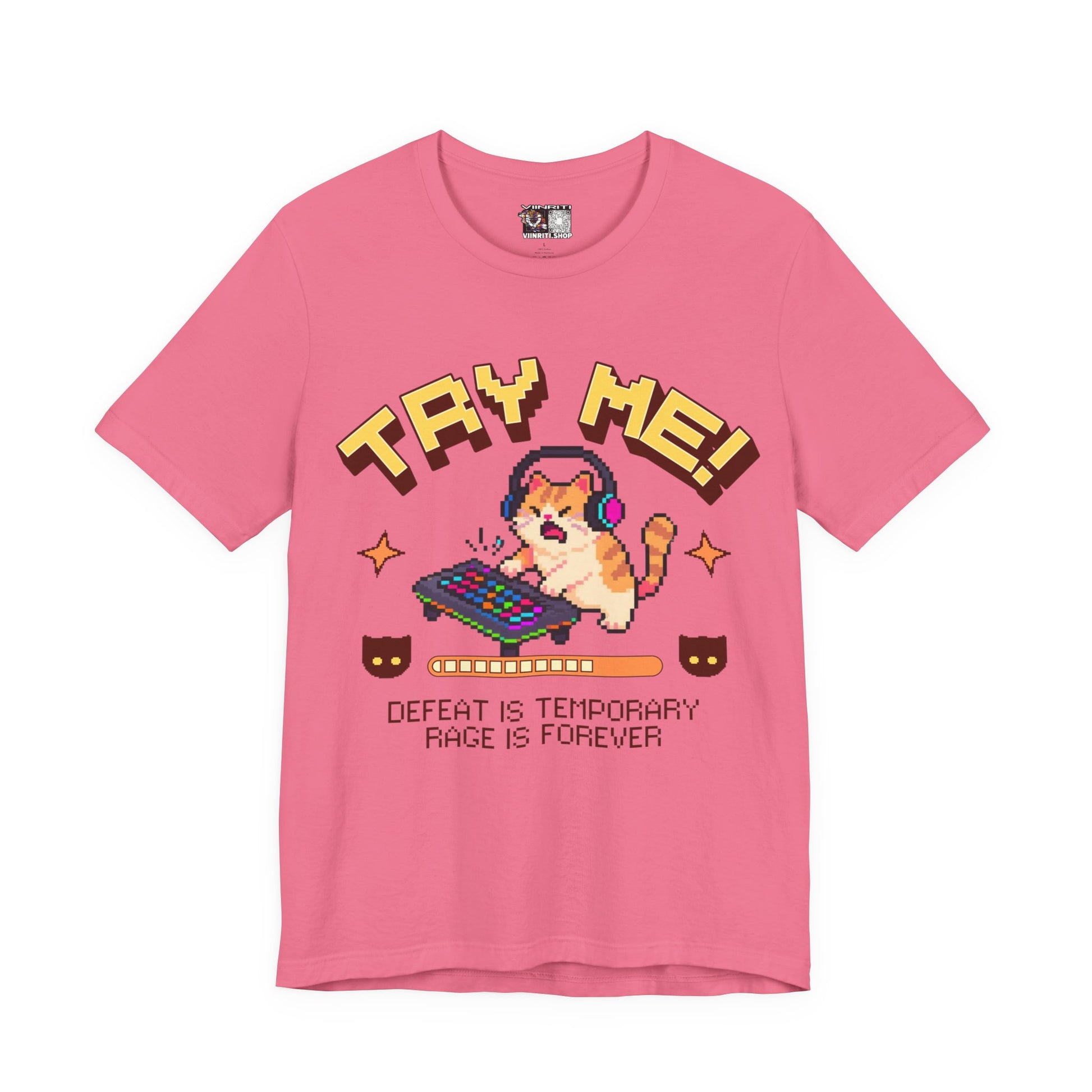 Try Me! Gamer Cat T‑Shirt — "Defeat Is Temporary, Rage Is Forever" Retro Pixel Tee