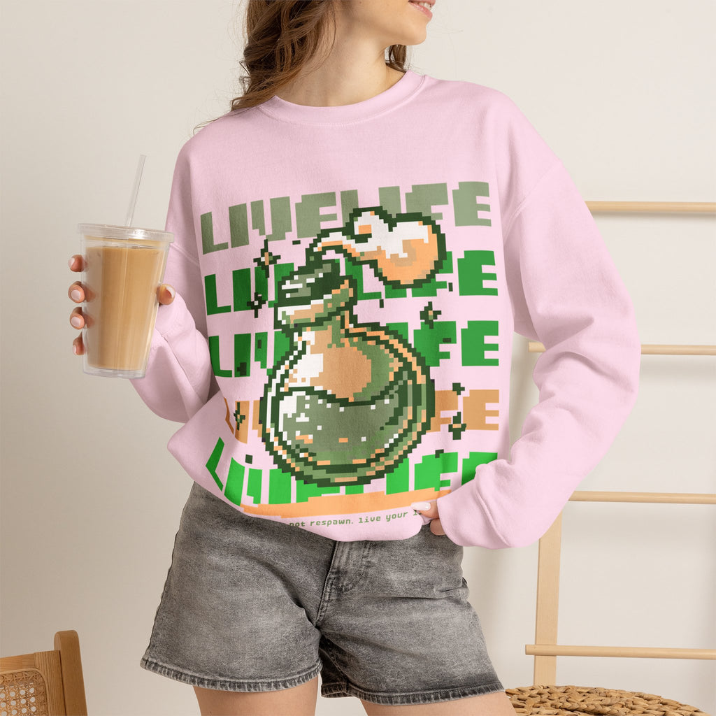 Crewneck Sweatshirt — Pixel Potion 'LIFE' Retro Gaming Graphic