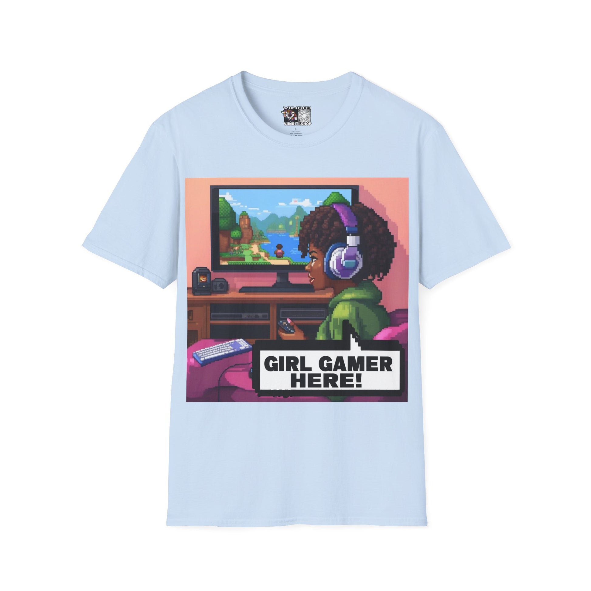 Girl Gamer T-Shirt — Retro Pixel Art ‘GIRL GAMER HERE!’ Tee for Female Gamers