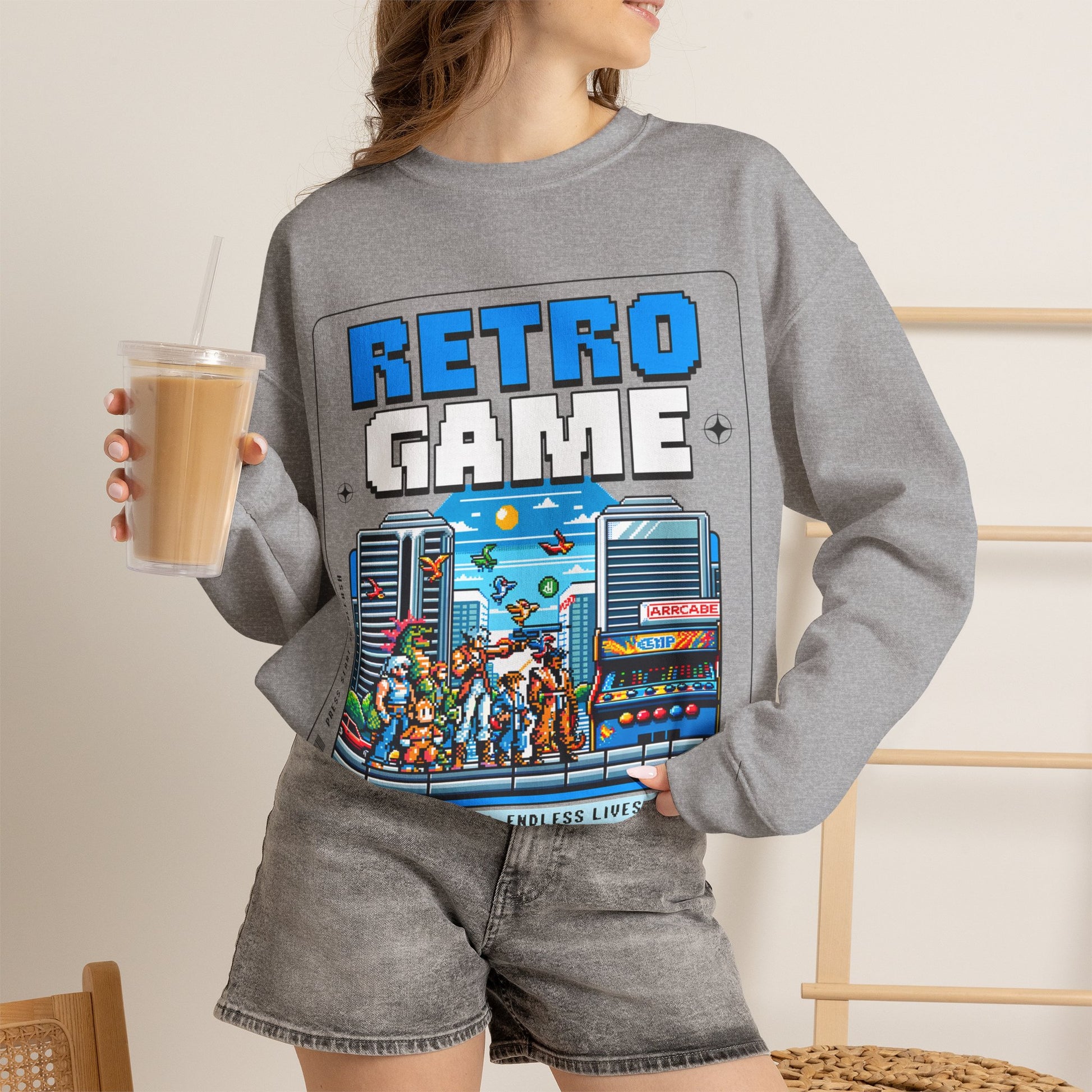 Retro Game Sweatshirt — Vintage 8-Bit Arcade Graphic Crewneck