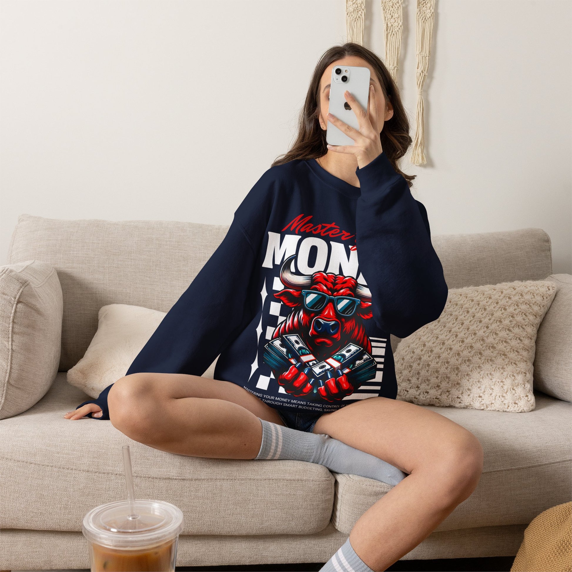 Crewneck Sweatshirt — "Master Your Money" Bull Design, Finance Hustle Graphic