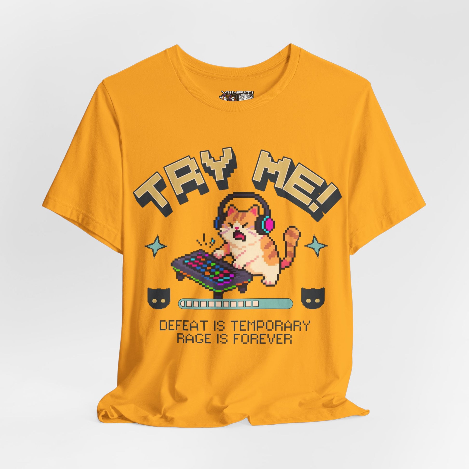 Try Me! Gamer Cat T‑Shirt — "Defeat Is Temporary, Rage Is Forever" Retro Pixel Tee