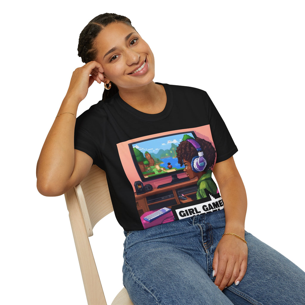 Girl Gamer T-Shirt — Retro Pixel Art ‘GIRL GAMER HERE!’ Tee for Female Gamers