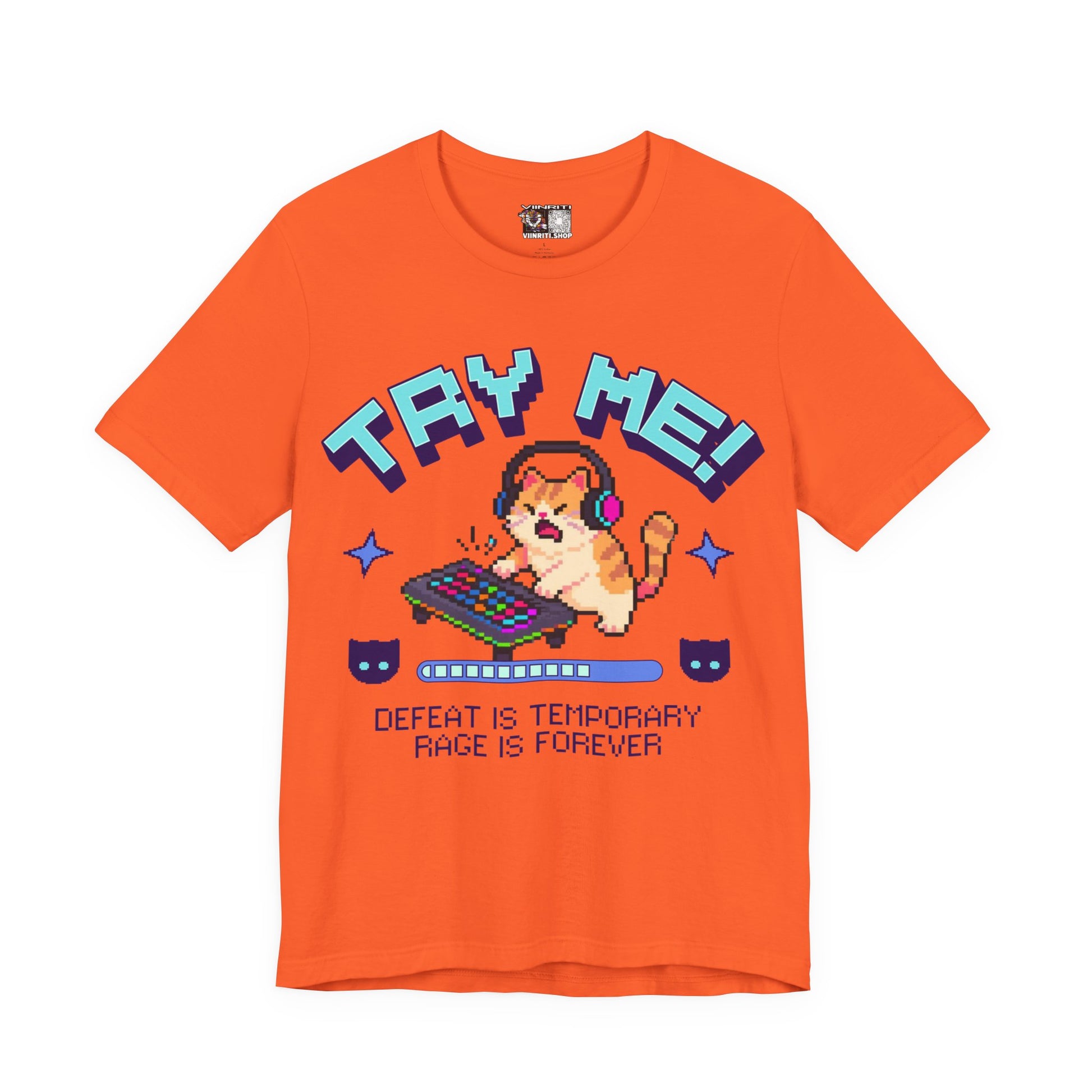 Try Me! Gamer Cat T‑Shirt — "Defeat Is Temporary, Rage Is Forever" Retro Pixel Tee