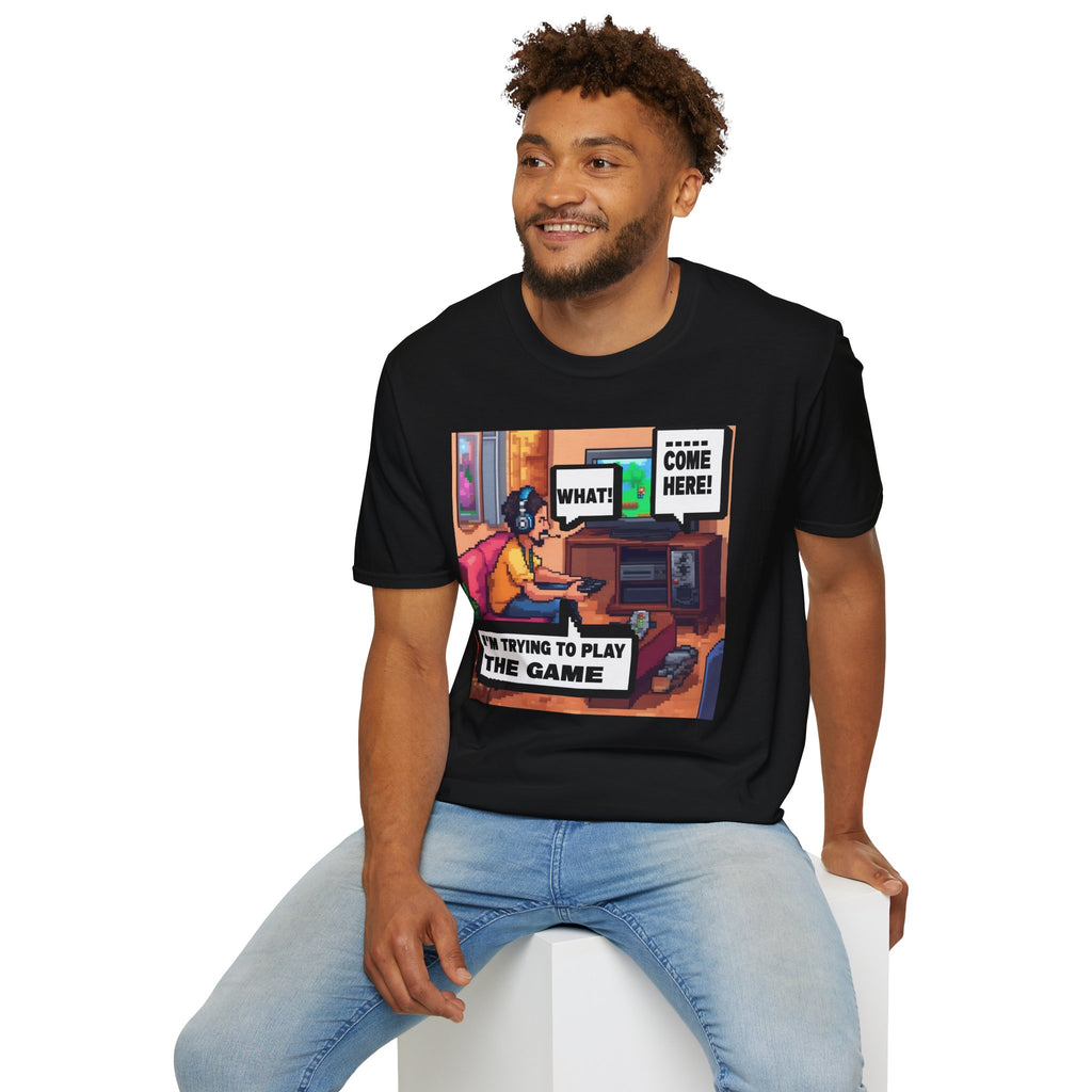 Gamer Comic T-Shirt — “I’m Trying to Play the Game” Pixel Art Tee