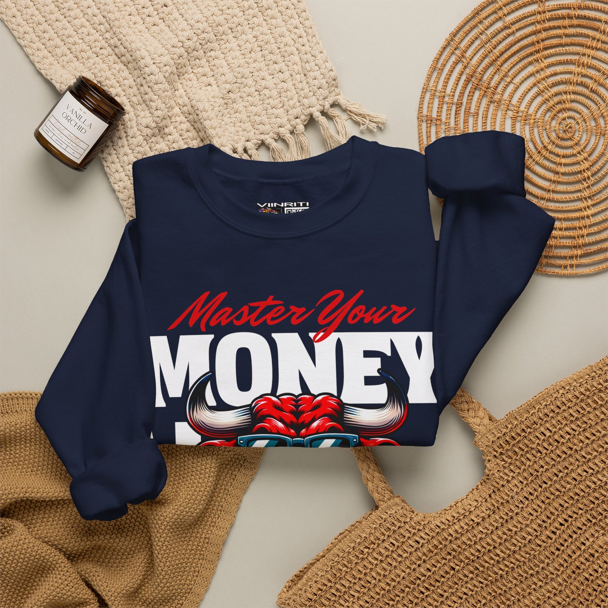 Crewneck Sweatshirt — "Master Your Money" Bull Design, Finance Hustle Graphic