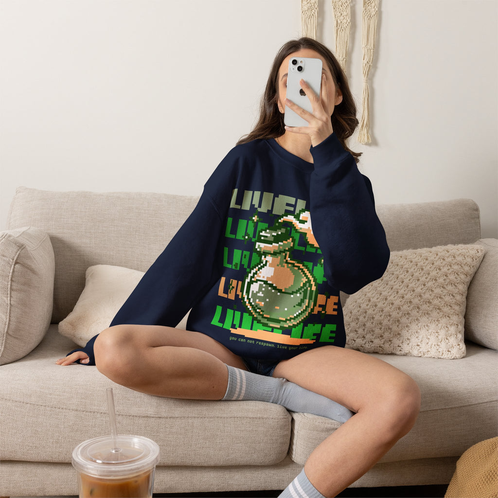Crewneck Sweatshirt — Pixel Potion 'LIFE' Retro Gaming Graphic