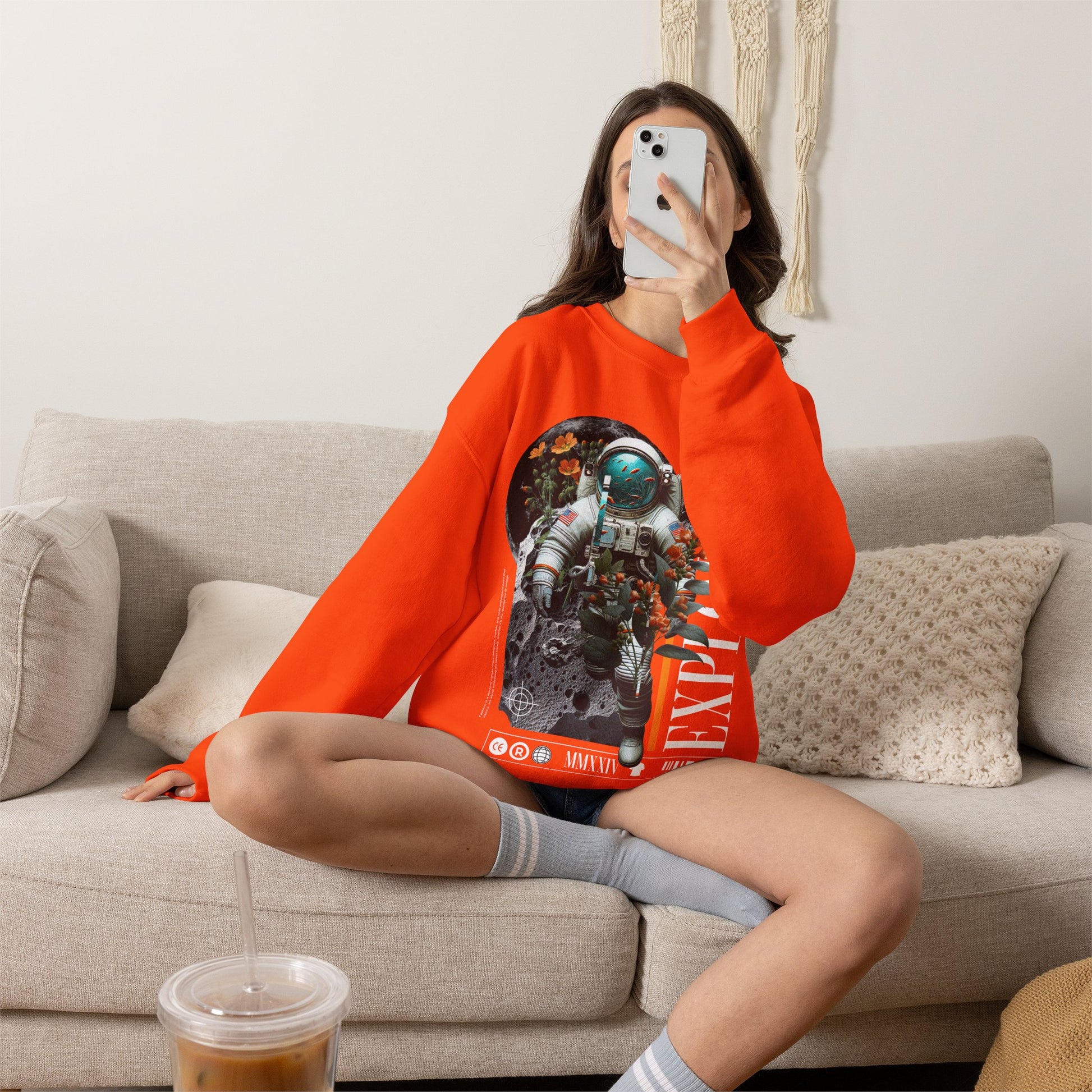 Astronaut Floral Crewneck Sweatshirt — Space Explorer Graphic Pullover