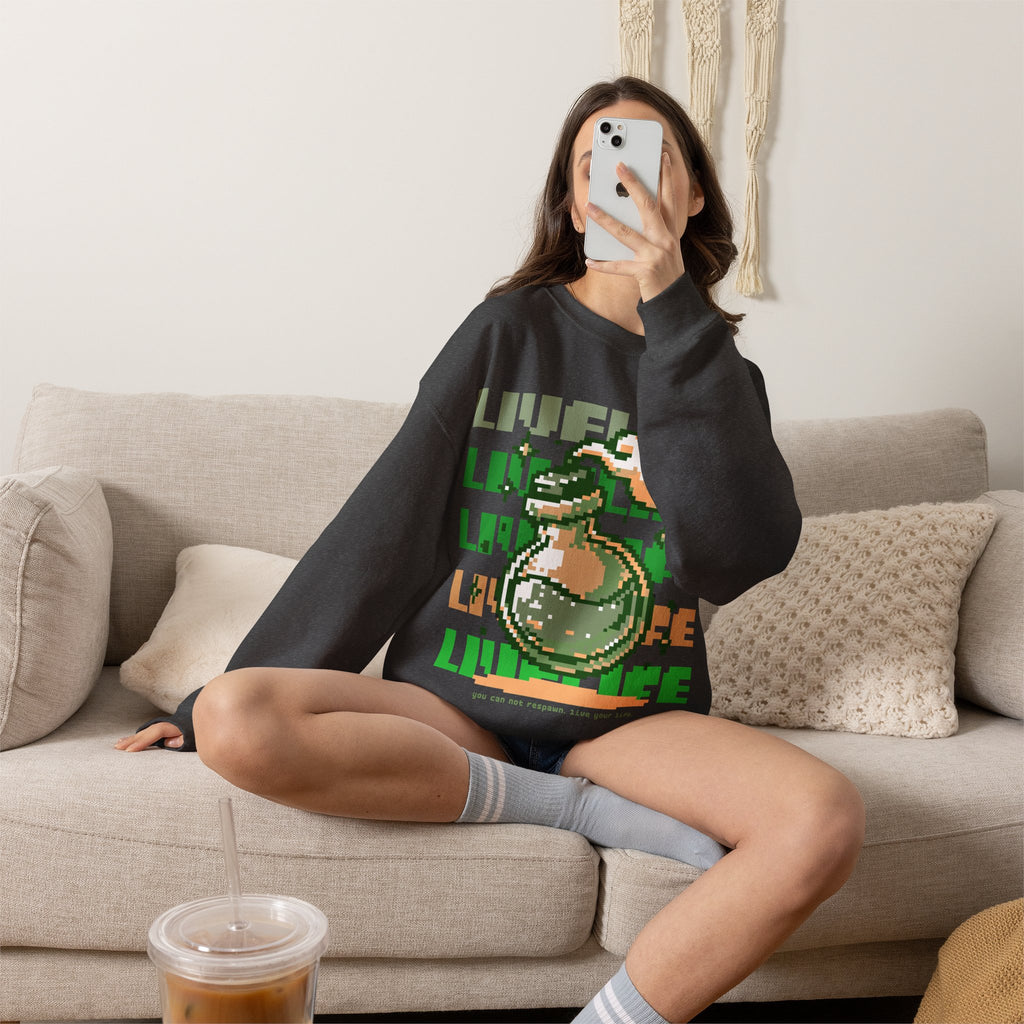Crewneck Sweatshirt — Pixel Potion 'LIFE' Retro Gaming Graphic