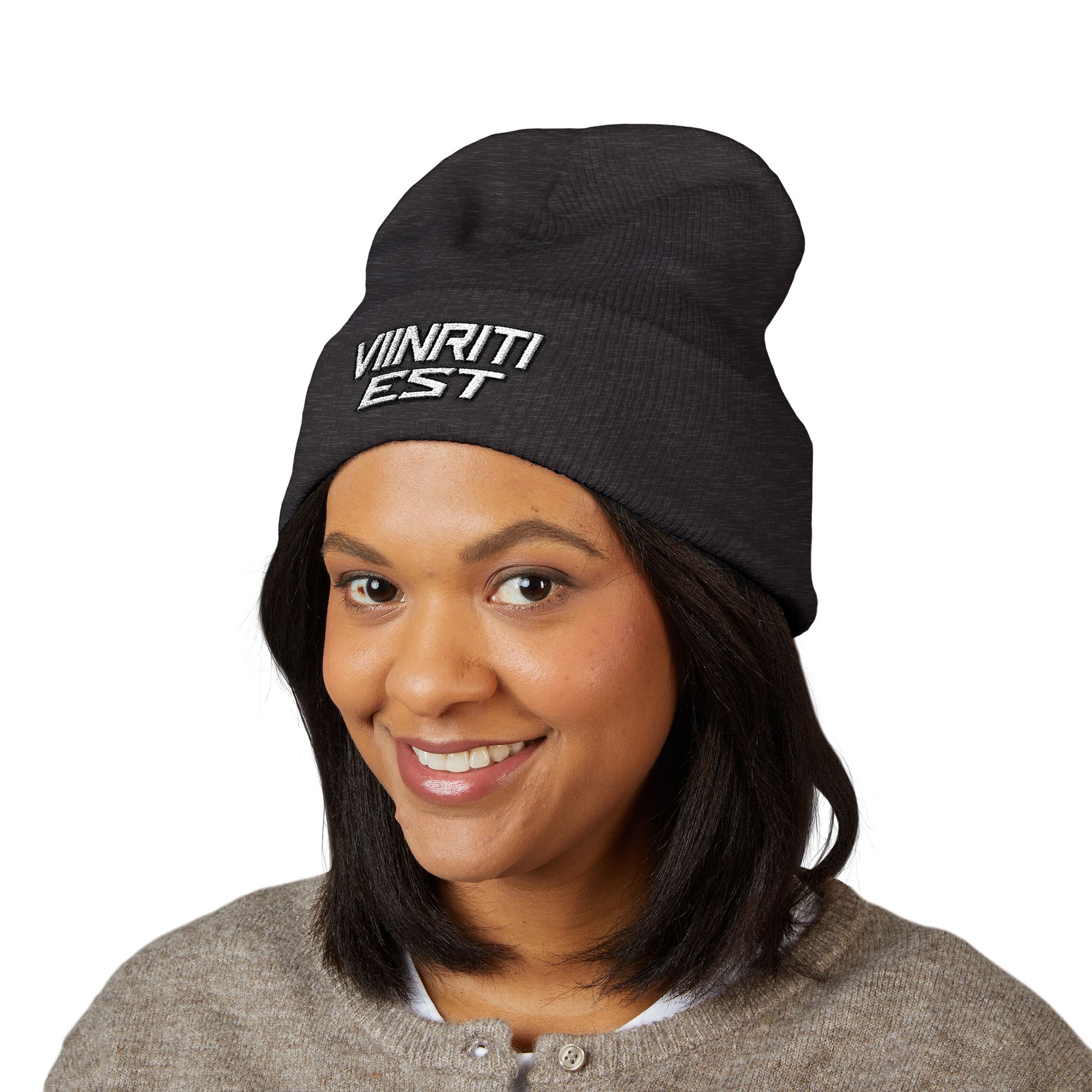 Embroidered 'Viinriti Est' Cuffed Beanie — Classic Knit Winter Hat